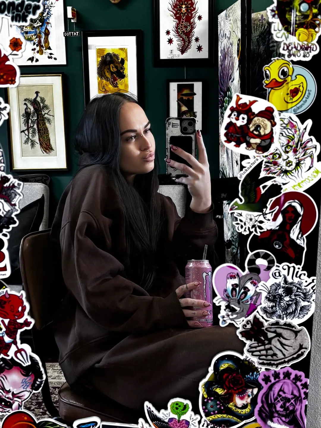 The studio wall, covered in flash and stickers